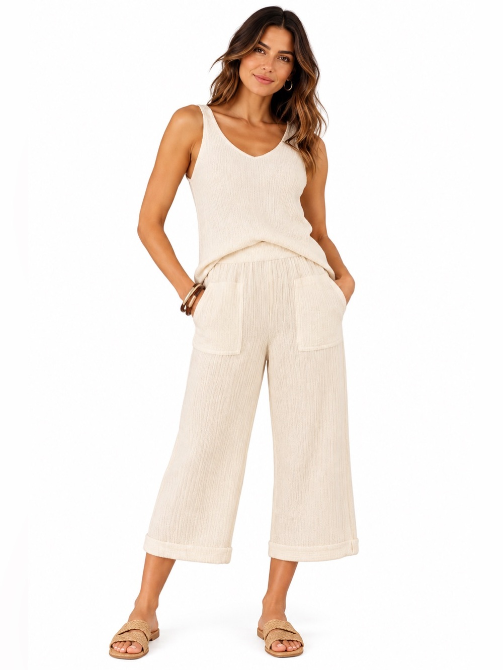 SOFT SURROUNDINGS Beach Bound Pull On Gauzey Crop Pants Ecru Size L NEW